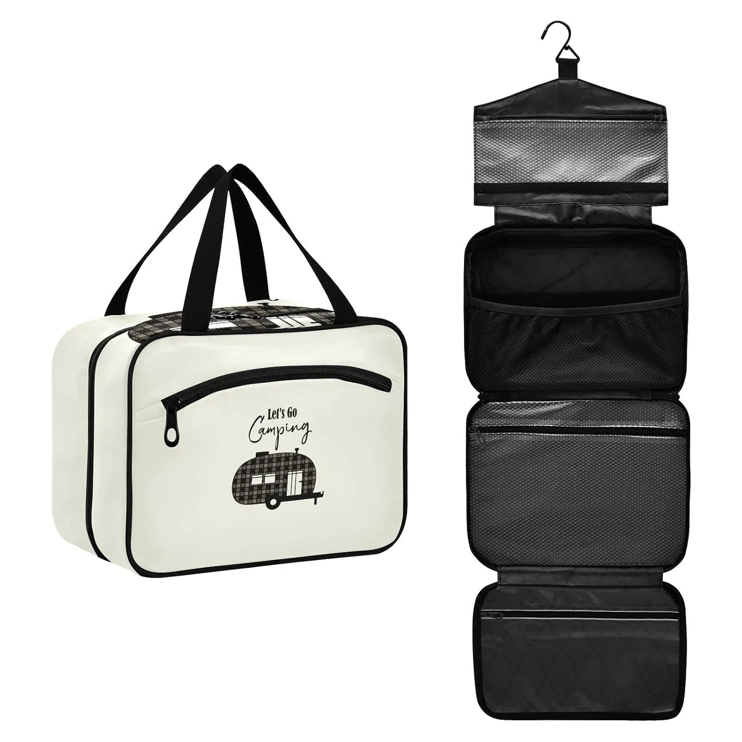 Brown Checker Plaid Grid Camper Car Silhouette Let's Go Camping Beige 1 PC Hanging Travel Wash bag with Handles, Portable Makeup Organizer Brush Storage Case Portable Travel Cosmetic with Hook M