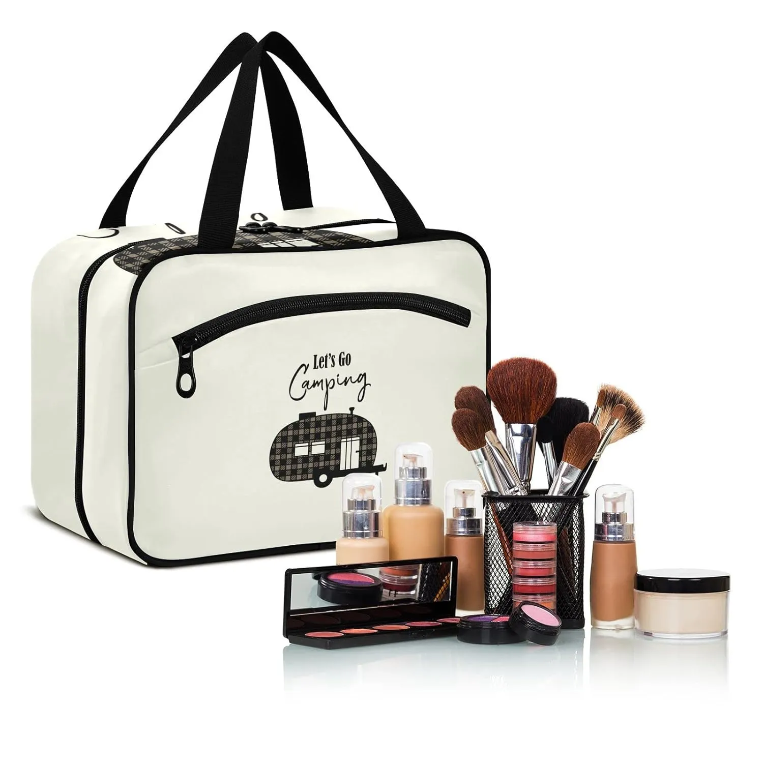 Brown Checker Plaid Grid Camper Car Silhouette Let's Go Camping Beige 1 PC Hanging Travel Wash bag with Handles, Portable Makeup Organizer Brush Storage Case Portable Travel Cosmetic with Hook M