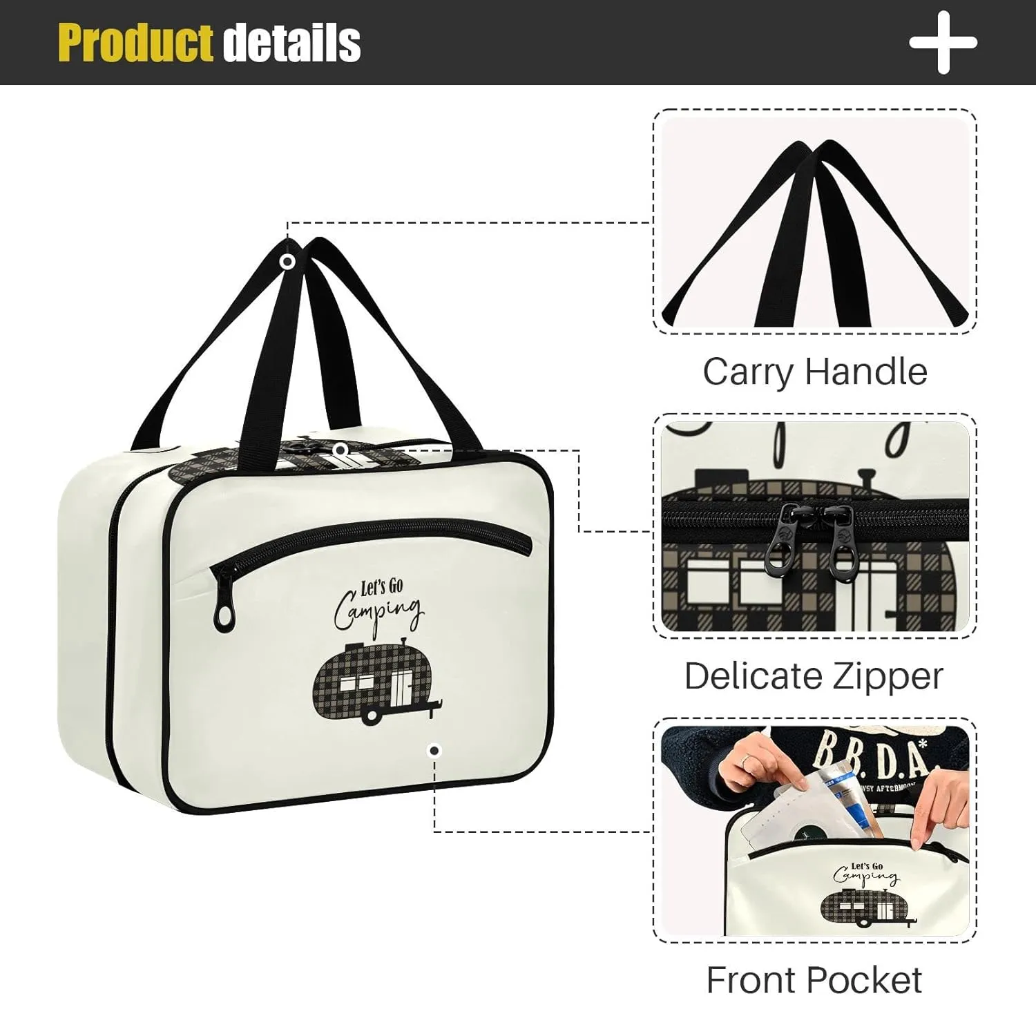 Brown Checker Plaid Grid Camper Car Silhouette Let's Go Camping Beige 1 PC Hanging Travel Wash bag with Handles, Portable Makeup Organizer Brush Storage Case Portable Travel Cosmetic with Hook M