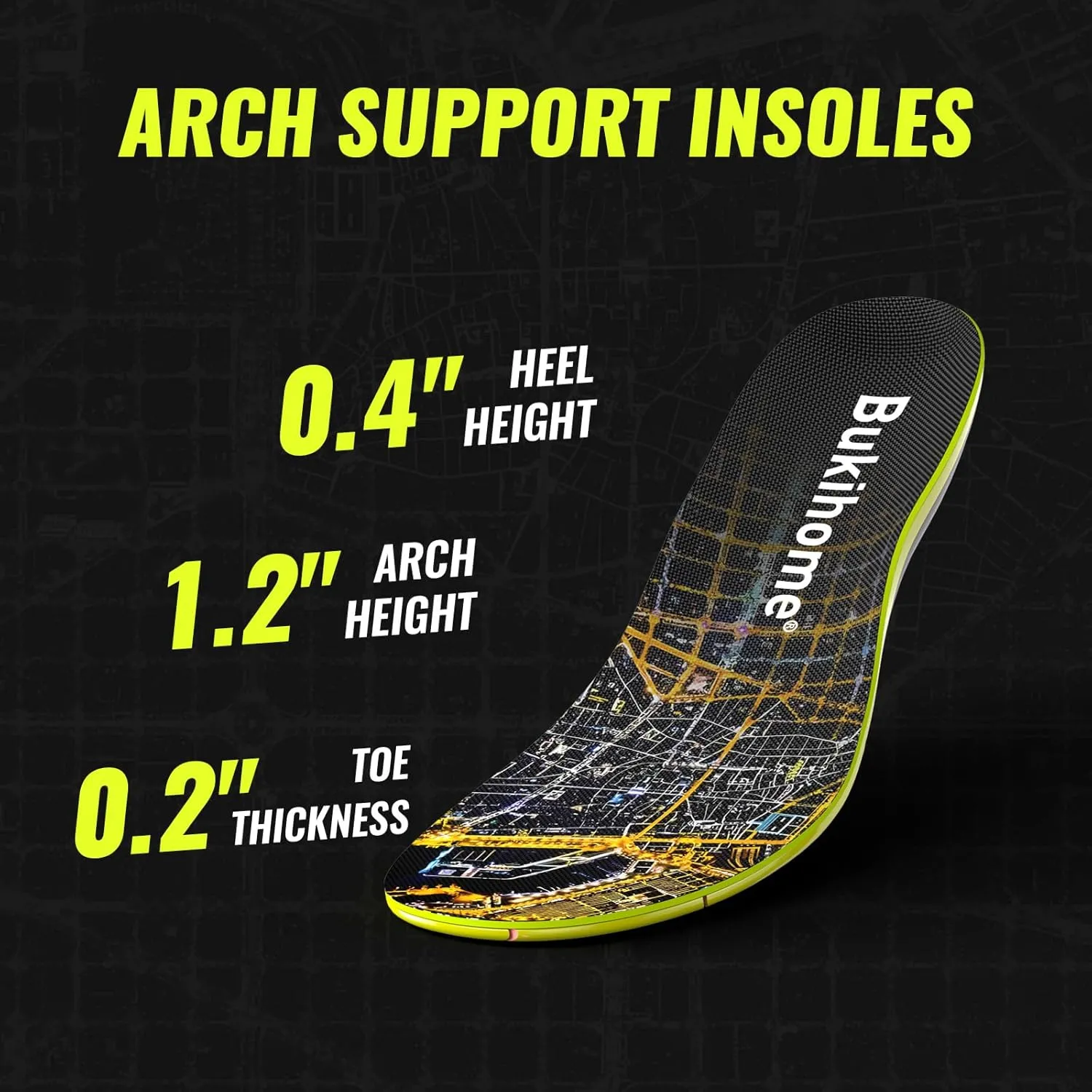 Bukihome Sport Insoles for Men Women - Arch Support Orthotics Inserts - Shock Absorption and Cushioning for Running Walking - Comfortable Insole for Standing All Day - FSA/HSA Eligible (Black, L)