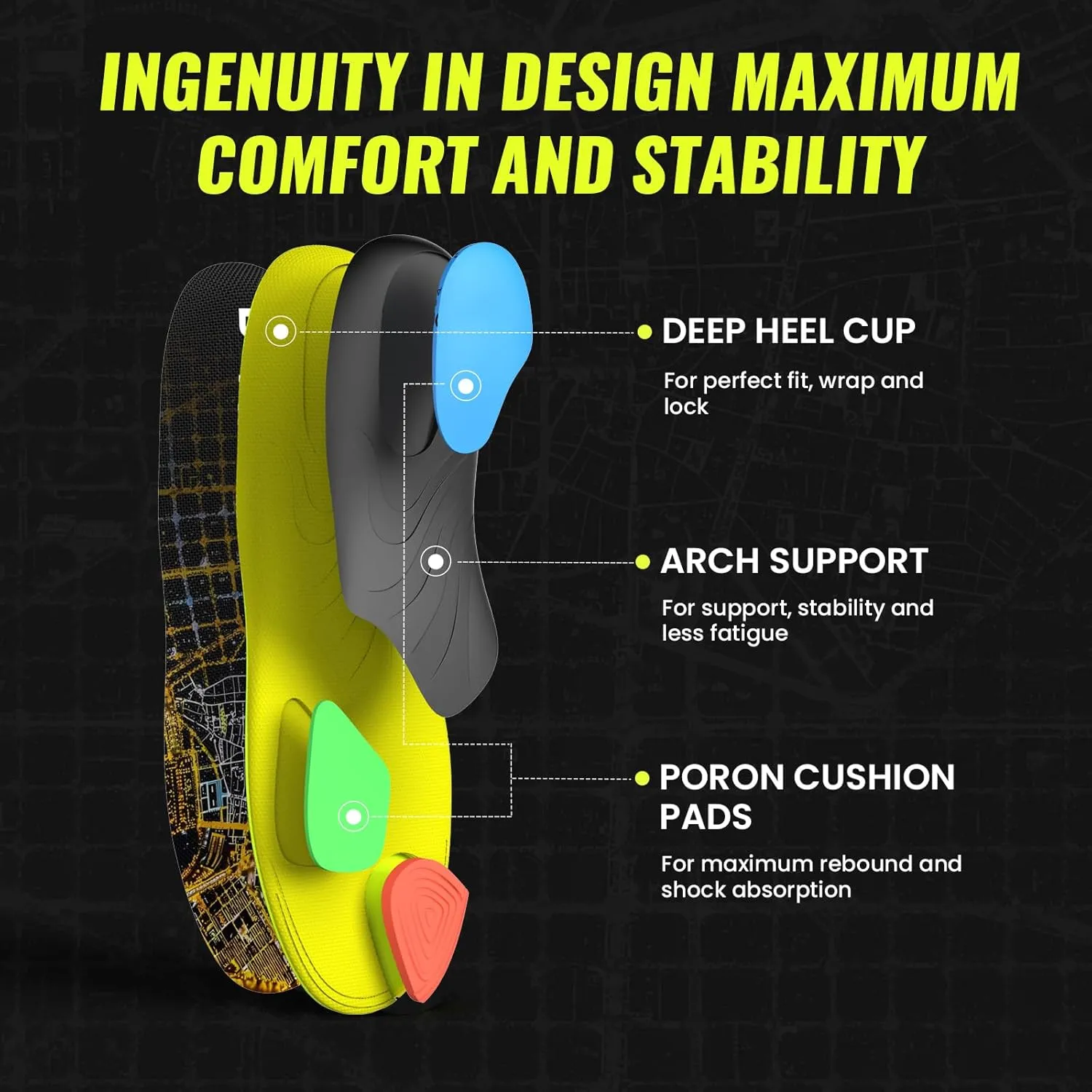Bukihome Sport Insoles for Men Women - Arch Support Orthotics Inserts - Shock Absorption and Cushioning for Running Walking - Comfortable Insole for Standing All Day - FSA/HSA Eligible (Black, L)