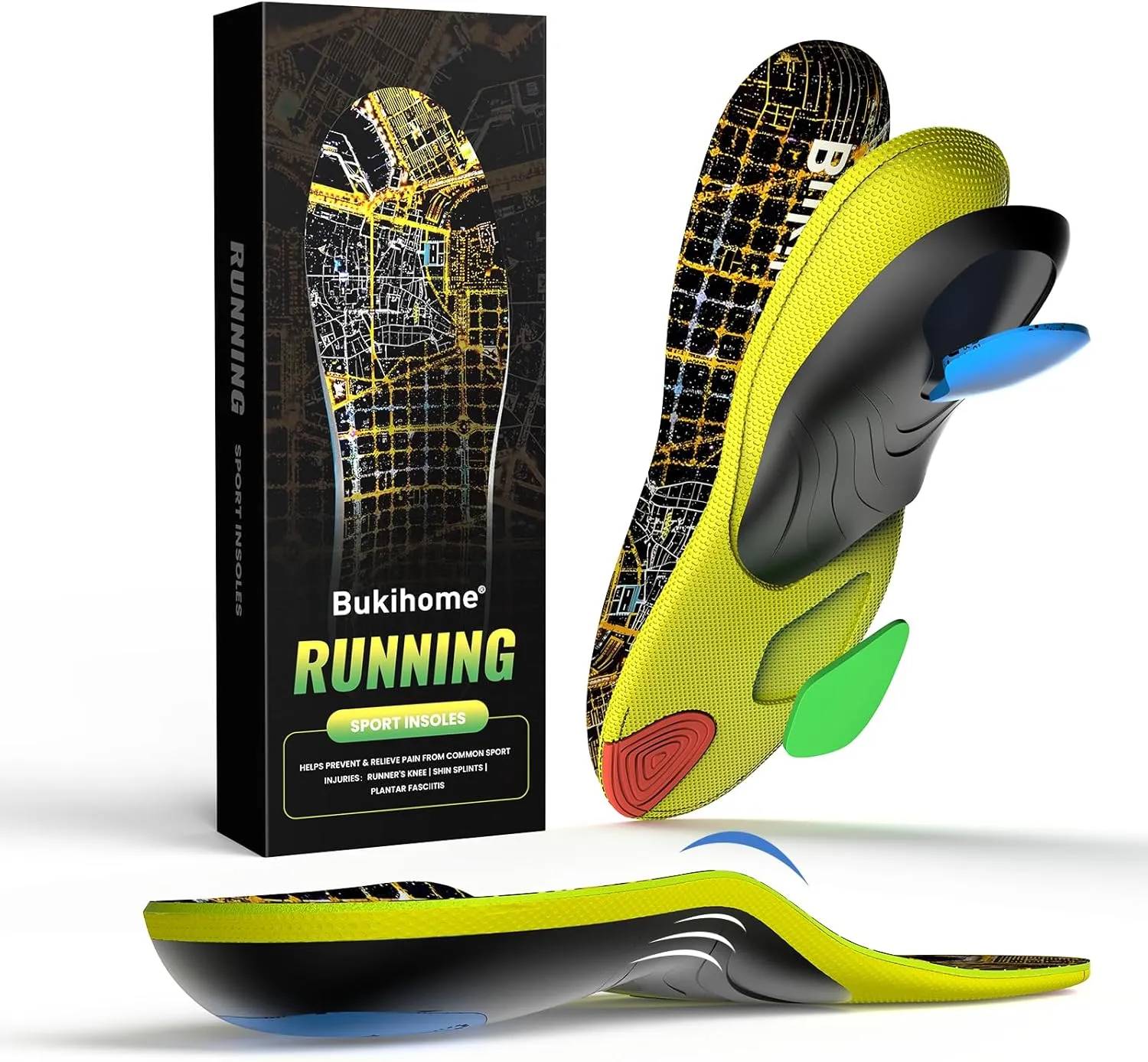 Bukihome Sport Insoles for Men Women - Arch Support Orthotics Inserts - Shock Absorption and Cushioning for Running Walking - Comfortable Insole for Standing All Day - FSA/HSA Eligible (Black, L)