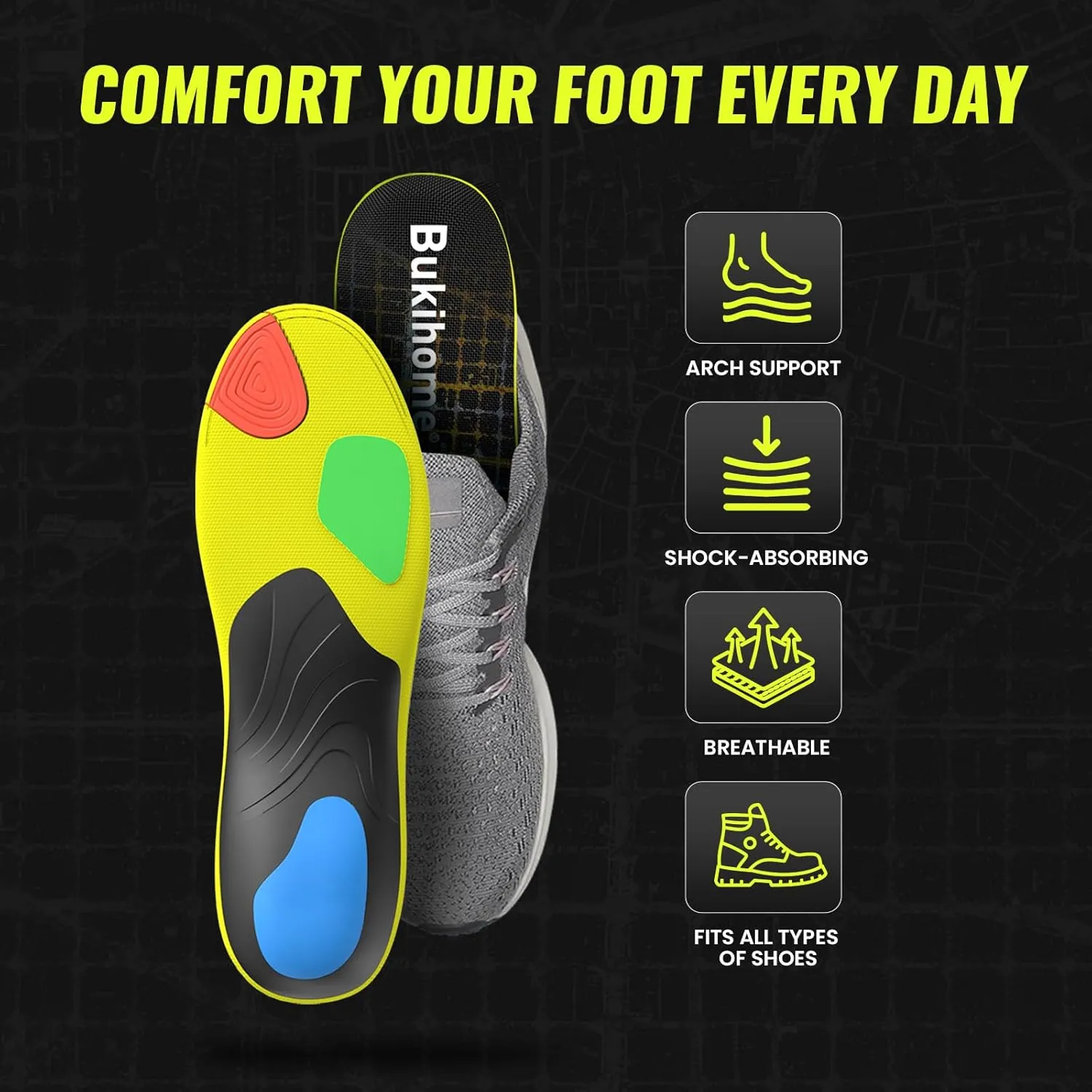 Bukihome Sport Insoles for Men Women - Arch Support Orthotics Inserts - Shock Absorption and Cushioning for Running Walking - Comfortable Insole for Standing All Day - FSA/HSA Eligible (Black, L)