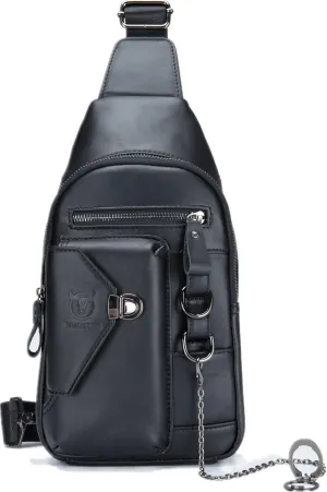 BULLCAPTAIN Genuine Leather Sling Bag for Men Crossbody with Cellphone Stand Chain Chest Shoulder Backpack Daypack XB-520