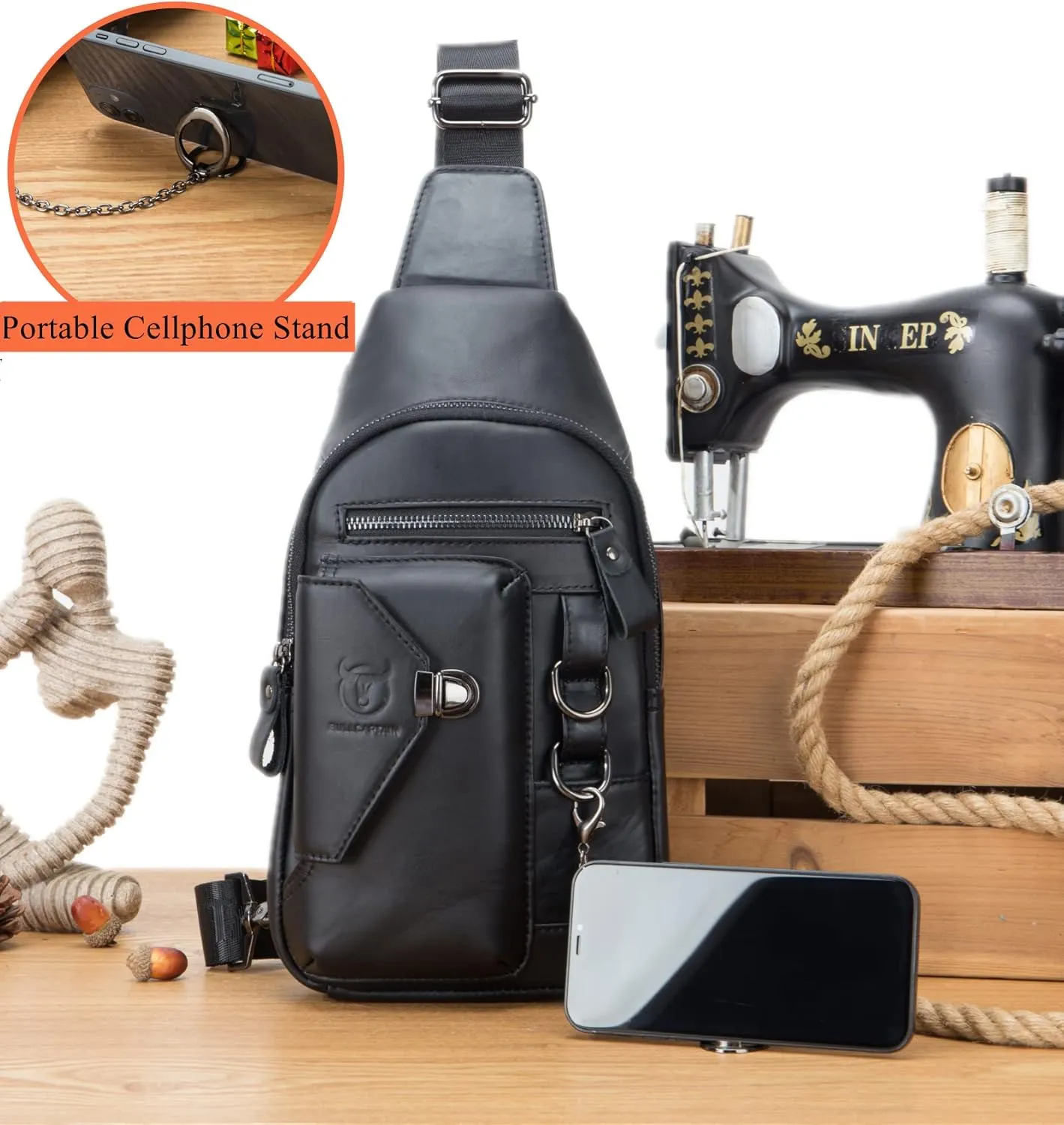 BULLCAPTAIN Genuine Leather Sling Bag for Men Crossbody with Cellphone Stand Chain Chest Shoulder Backpack Daypack XB-520