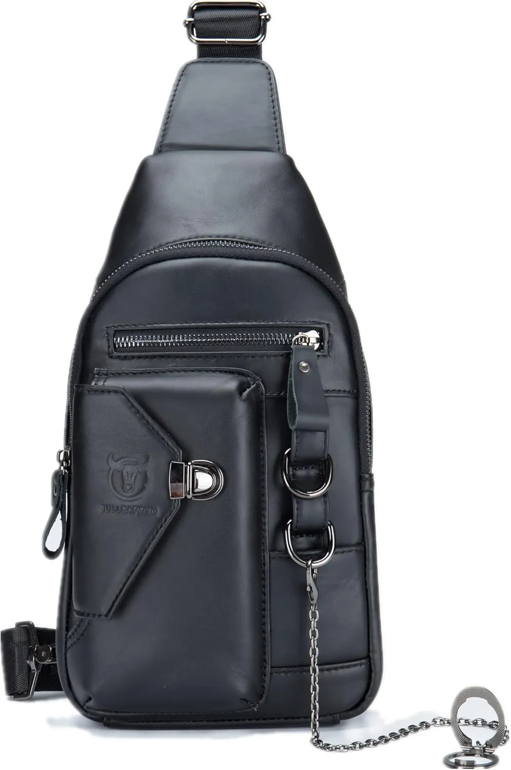 BULLCAPTAIN Genuine Leather Sling Bag for Men Crossbody with Cellphone Stand Chain Chest Shoulder Backpack Daypack XB-520