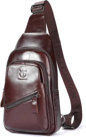 BULLCAPTAIN Leather Sling Bag for Men Crossbody Backpack with USB Charging Port Casual Daypack for Hiking Shoulder & Chest Bag Purse (Coffee)