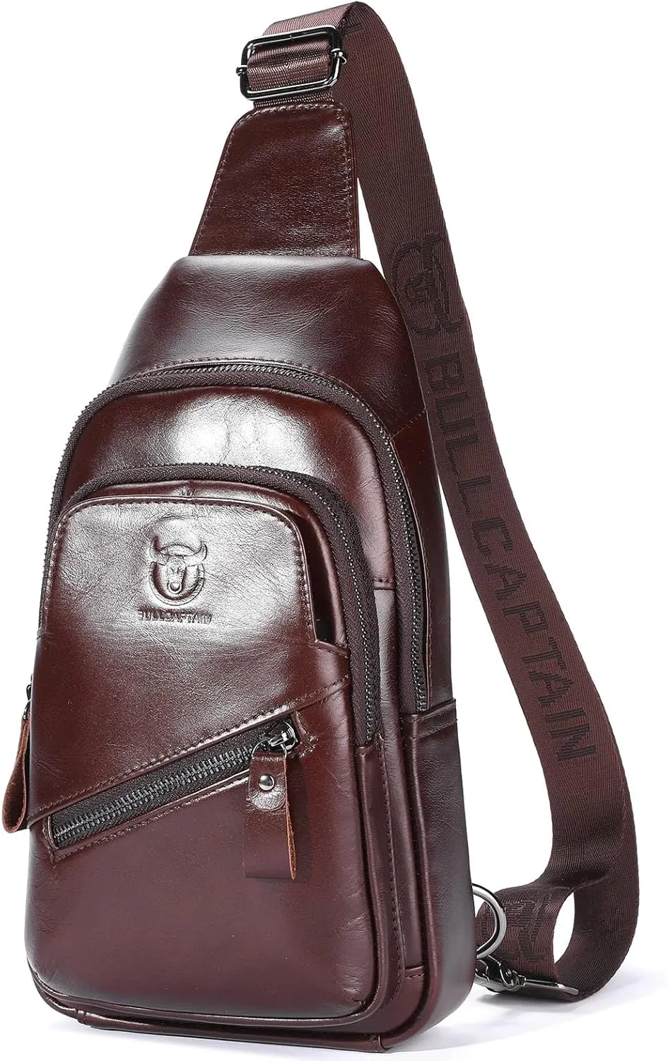 BULLCAPTAIN Leather Sling Bag for Men Crossbody Backpack with USB Charging Port Casual Daypack for Hiking Shoulder & Chest Bag Purse (Coffee)