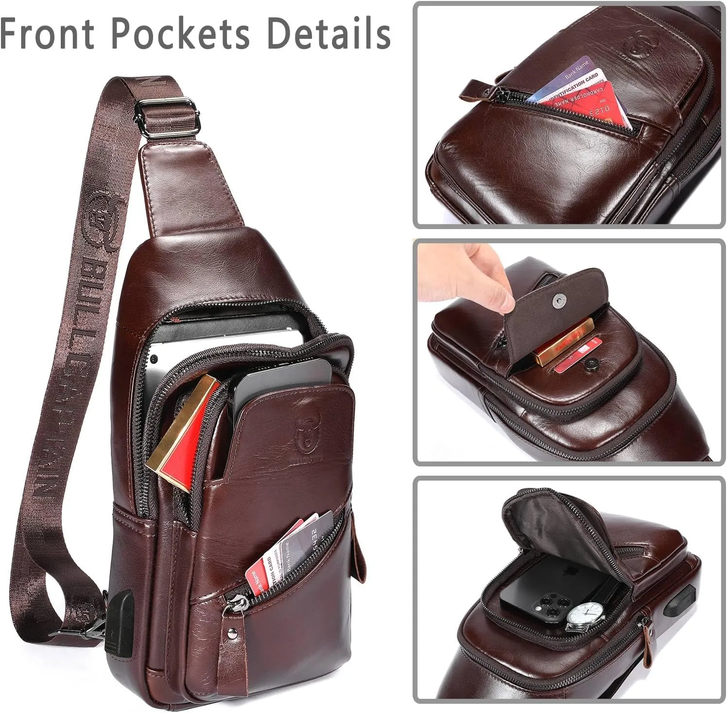 BULLCAPTAIN Leather Sling Bag for Men Crossbody Backpack with USB Charging Port Casual Daypack for Hiking Shoulder & Chest Bag Purse (Coffee)