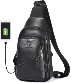 BULLCAPTAIN Leather Sling Chest Bag for Men Outdoor Hiking Travel Crossbody Bag Backpack with USB Charging Port