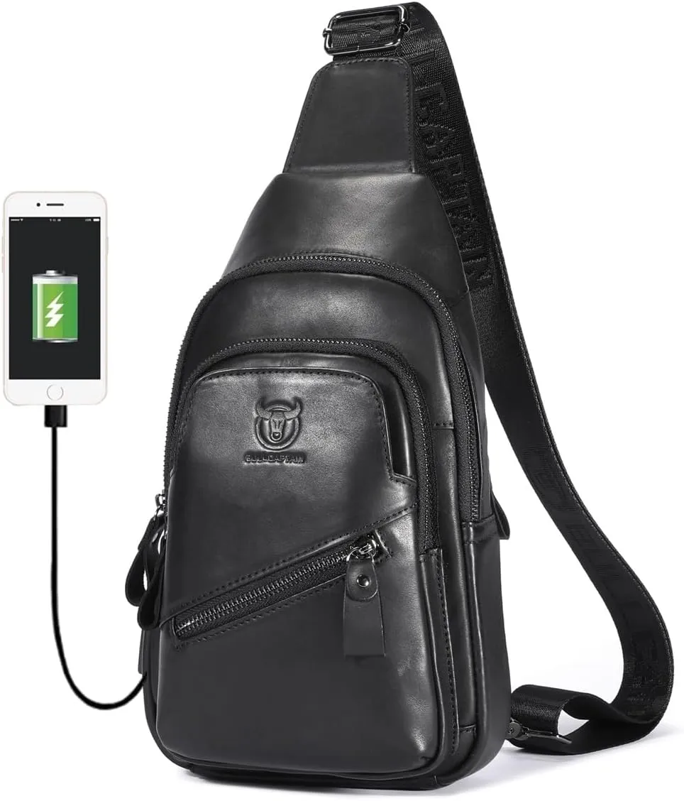 BULLCAPTAIN Leather Sling Chest Bag for Men Outdoor Hiking Travel Crossbody Bag Backpack with USB Charging Port