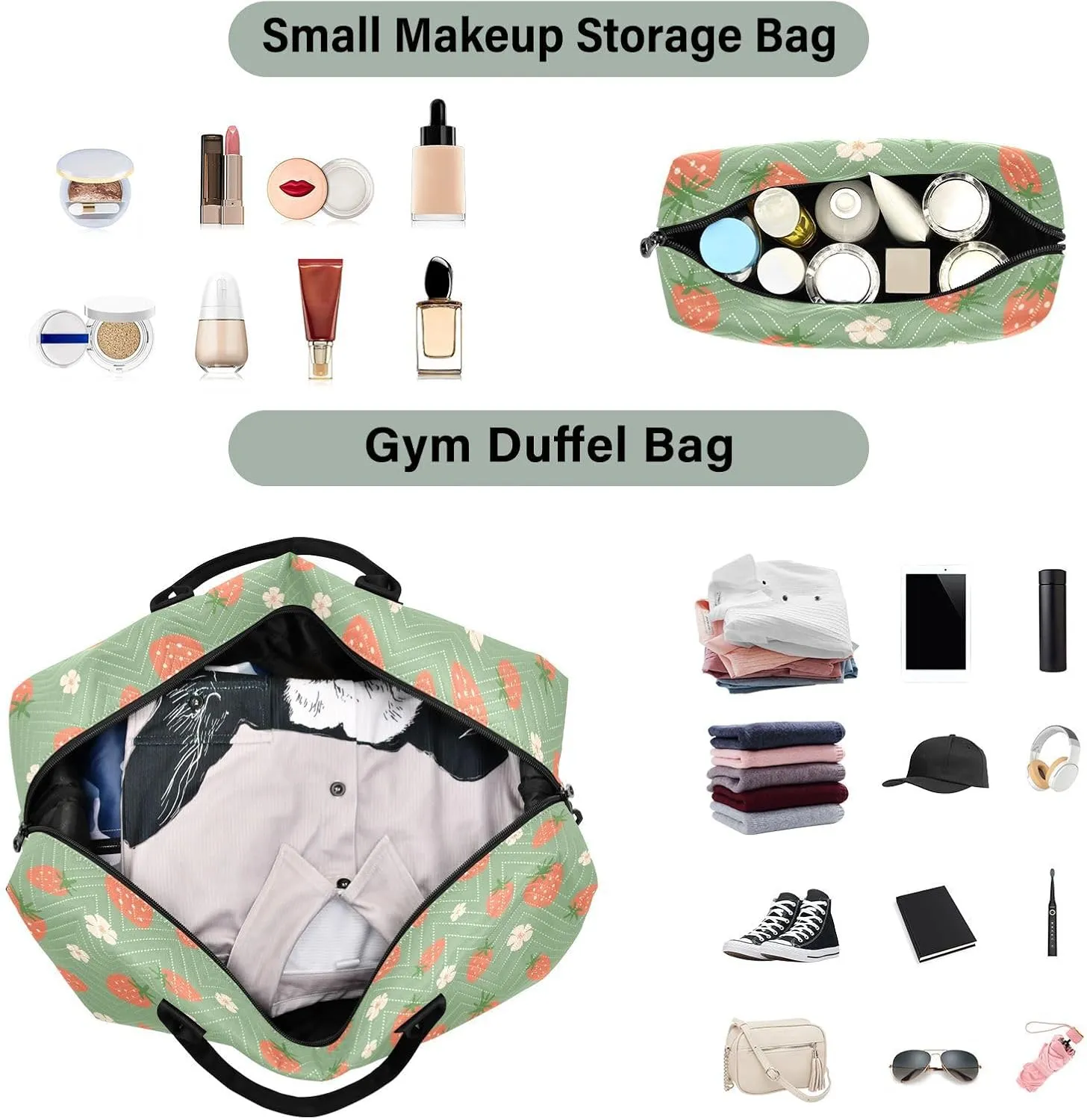 Burbuja Travel Duffel Bag for Women, Strawberry Weekender Overnight Bag Shoulder Carry On Tote Bag with Trolley Sleeve, Gym Bag with Toiletry Bag, Large Size