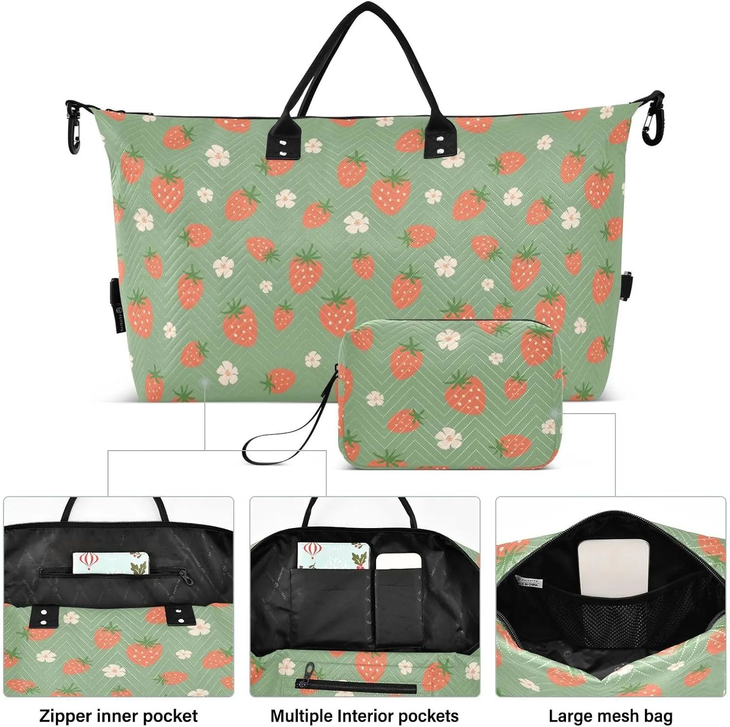 Burbuja Travel Duffel Bag for Women, Strawberry Weekender Overnight Bag Shoulder Carry On Tote Bag with Trolley Sleeve, Gym Bag with Toiletry Bag, Large Size
