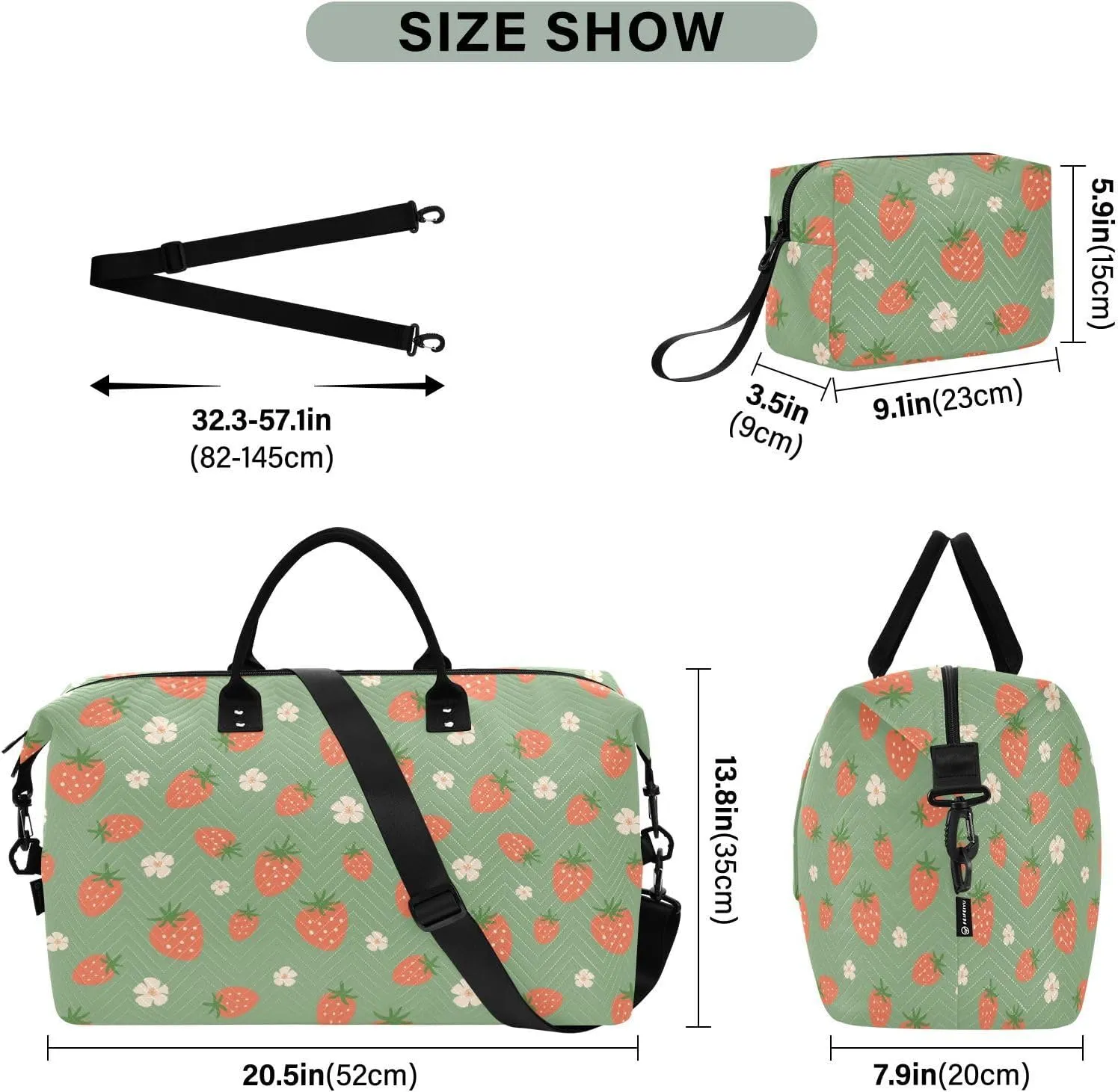 Burbuja Travel Duffel Bag for Women, Strawberry Weekender Overnight Bag Shoulder Carry On Tote Bag with Trolley Sleeve, Gym Bag with Toiletry Bag, Large Size
