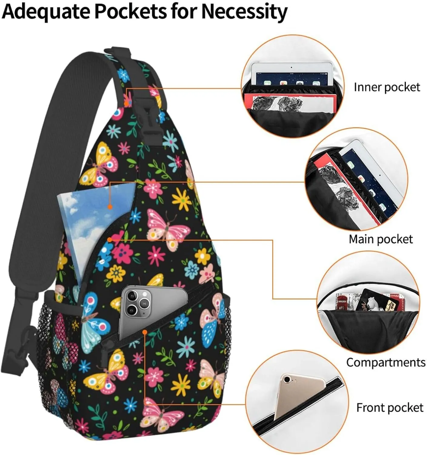 Butterflies Crossbody Sling Backpack Sling Bag Adjustable Chest Shoulder Daypack For Women Men