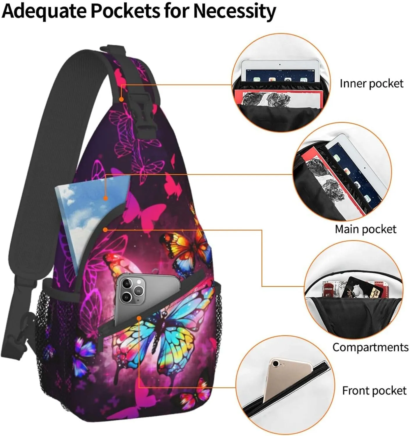 Butterflies Sling Bag Crossbody Sling Backpack for Women Men Travel Hiking Daypack Chest Shoulder Bag