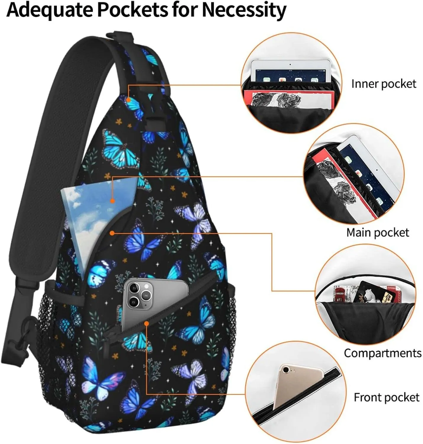 Butterflies Sling Bag Crossbody Sling Backpack for Women Men Travel Hiking Daypack Chest Shoulder Bag