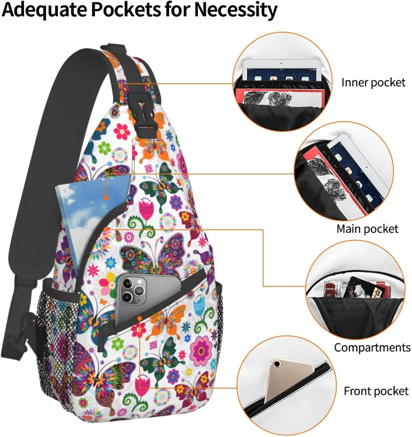 Butterfly and Flowers Sling Bag Crossbody Backpack Travel Hiking Daypack Chest Shoulder Bag for Women Men