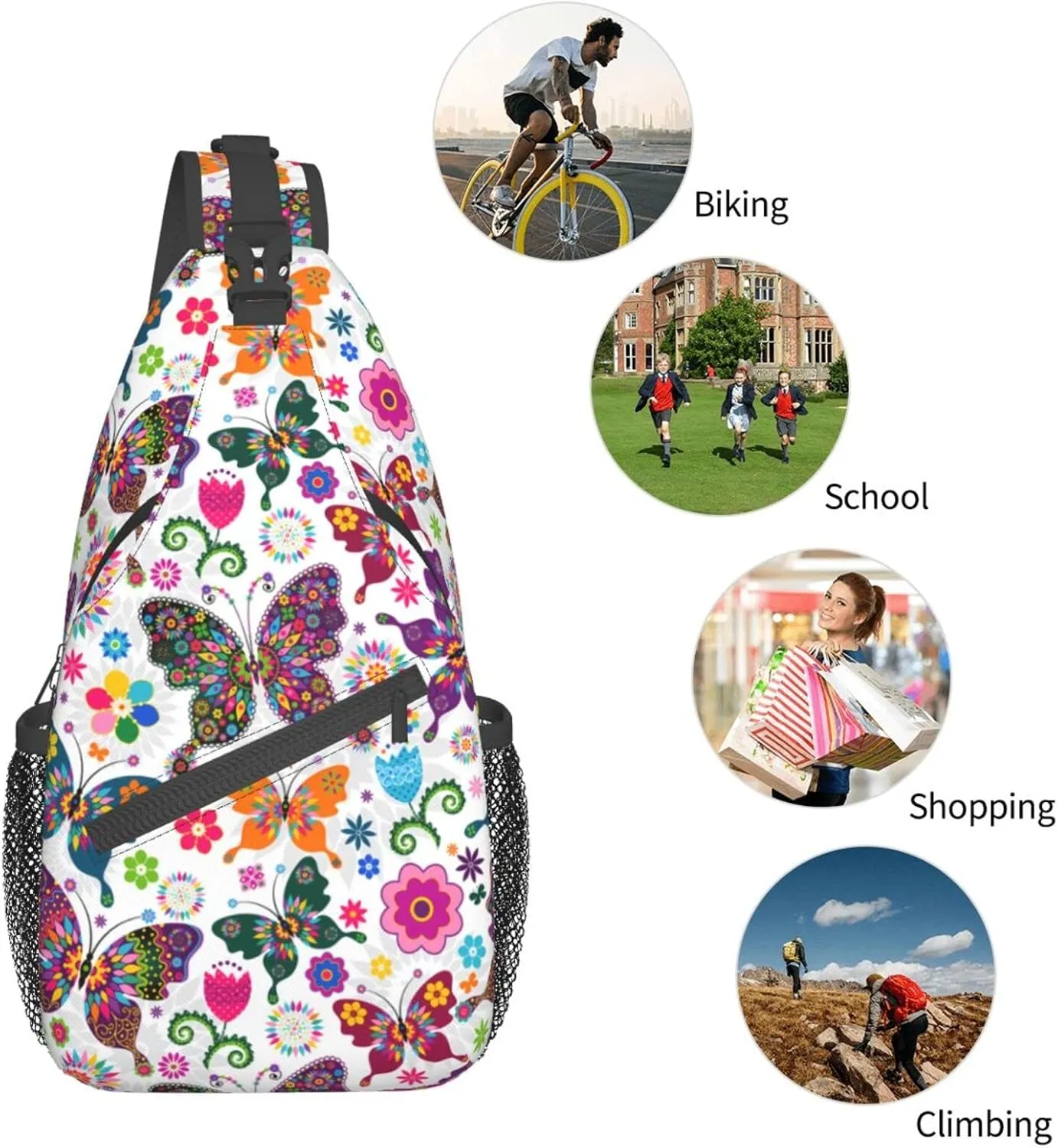 Butterfly and Flowers Sling Bag Crossbody Backpack Travel Hiking Daypack Chest Shoulder Bag for Women Men