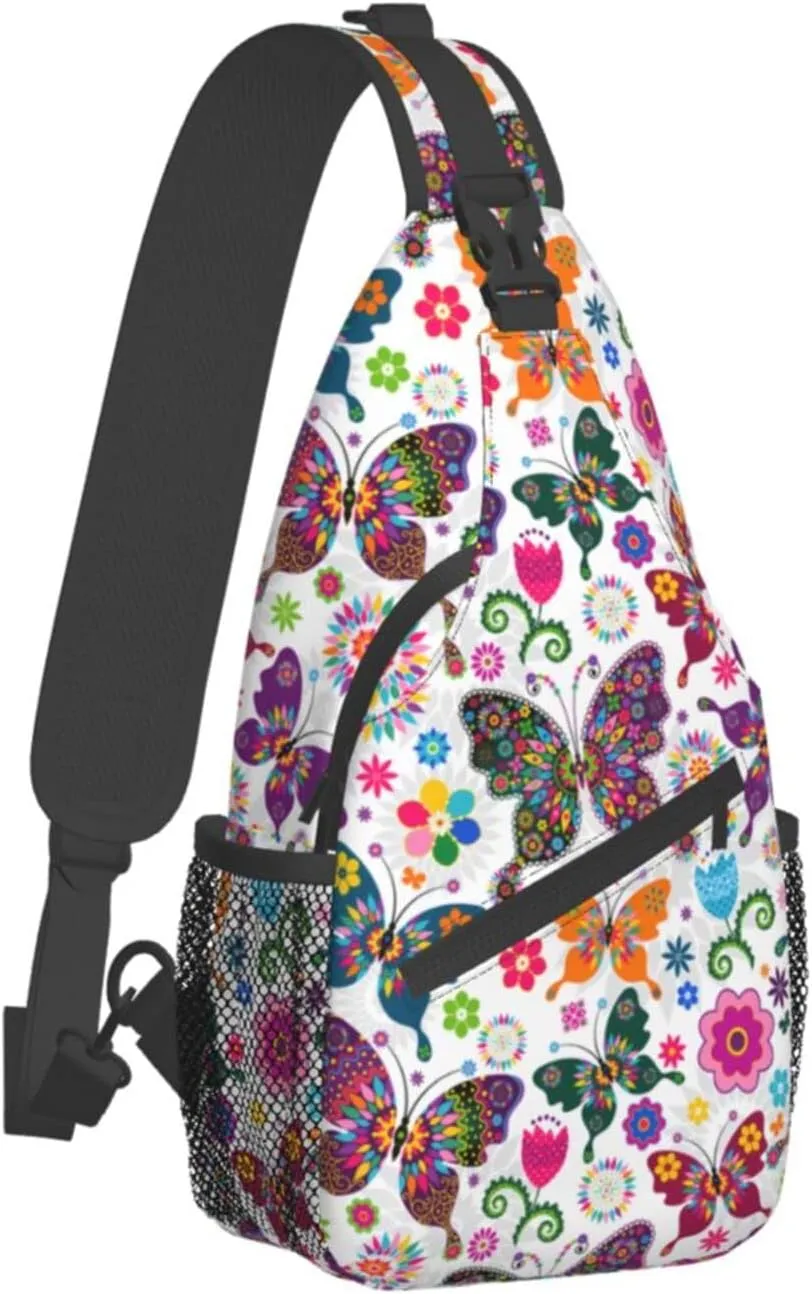 Butterfly and Flowers Sling Bag Crossbody Backpack Travel Hiking Daypack Chest Shoulder Bag for Women Men