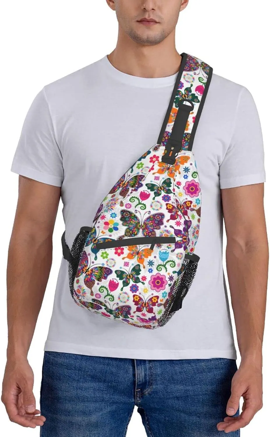 Butterfly and Flowers Sling Bag Crossbody Backpack Travel Hiking Daypack Chest Shoulder Bag for Women Men