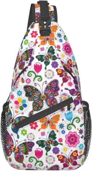 Butterfly and Flowers Sling Bag Crossbody Backpack Travel Hiking Daypack Chest Shoulder Bag for Women Men