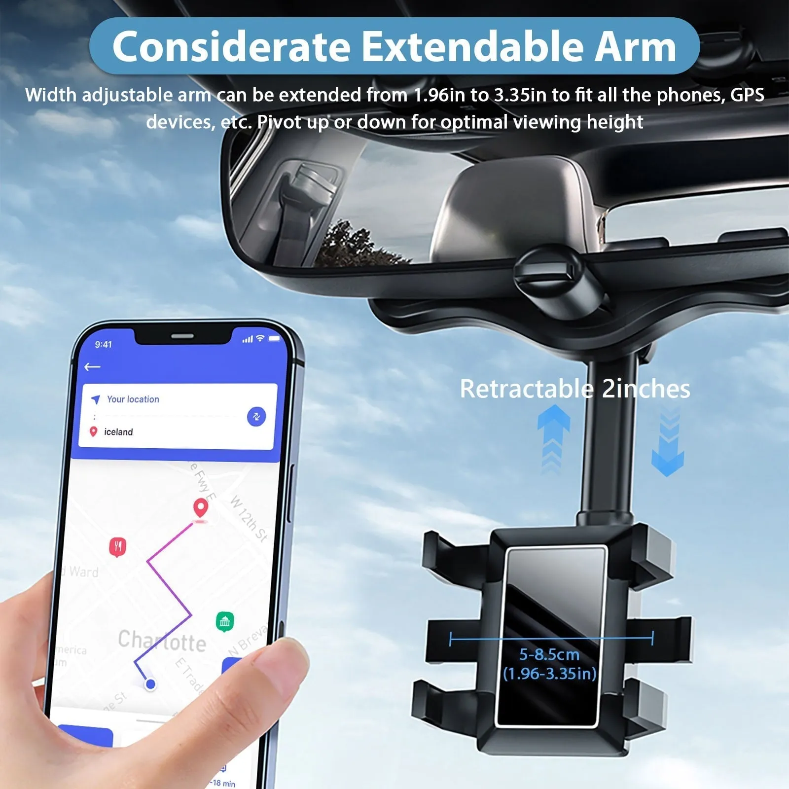 Car Phone Mount, TSV Rearview Mirror Cell Phone Holder, Universal Adjustable Rear View Mirror Clips Cradle, 360° Bracket Car Mount Fits for iPhone 14 13 12 Pro Max, Galaxy