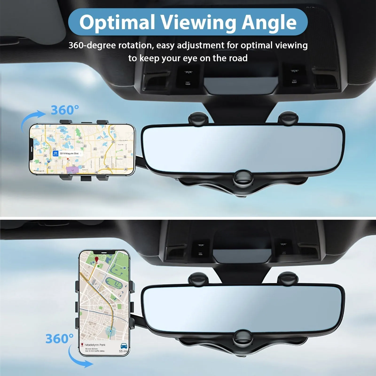 Car Phone Mount, TSV Rearview Mirror Cell Phone Holder, Universal Adjustable Rear View Mirror Clips Cradle, 360° Bracket Car Mount Fits for iPhone 14 13 12 Pro Max, Galaxy