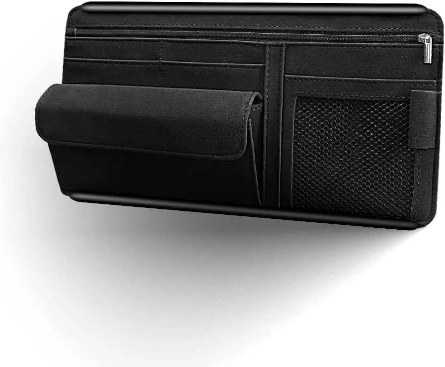 Car Sun Visor Organizer Glasses Case Storage Bag Note Holder Car Suede Zipper Card Hold Car Organizers and Storage (Black)