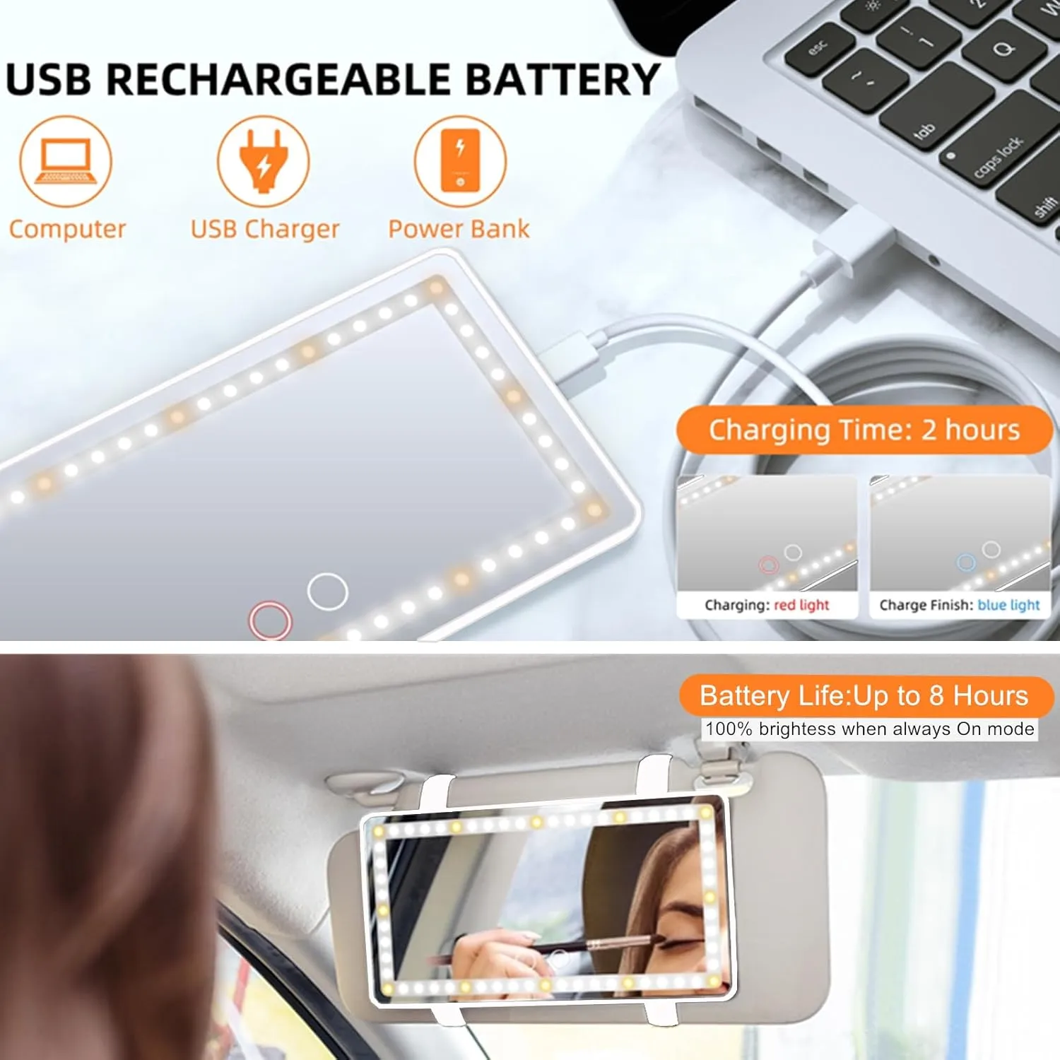 Car Sun Visor Vanity Mirror, with 3 Light Modes & 60 LEDs - Rechargeable Dimmable Clip-on Rear View Sun-Shading Cosmetic Makeup Mirror, Universal for Car SUV(Pure White)