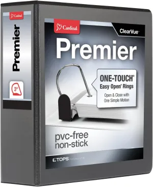 Cardinal 3 Ring Binder, Binders for School and Office, Durable 3 Inch Premier Easy Open Binder, ONE-Touch Slant-D Rings, 650-Sheet Capacity, ClearVue Cover, PVC-Free, Black (10331)