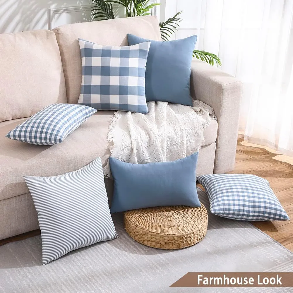 CARRIE HOME Blue Pillow Covers Farmhouse Plaid 20x20 Throw Pillows Set of 4, Light Blue Outdoor 20x20 Pillow Covers Set of 4, Home Decorative Pillow Neutral Decor for Porch Patio (No Pillow Inserts)