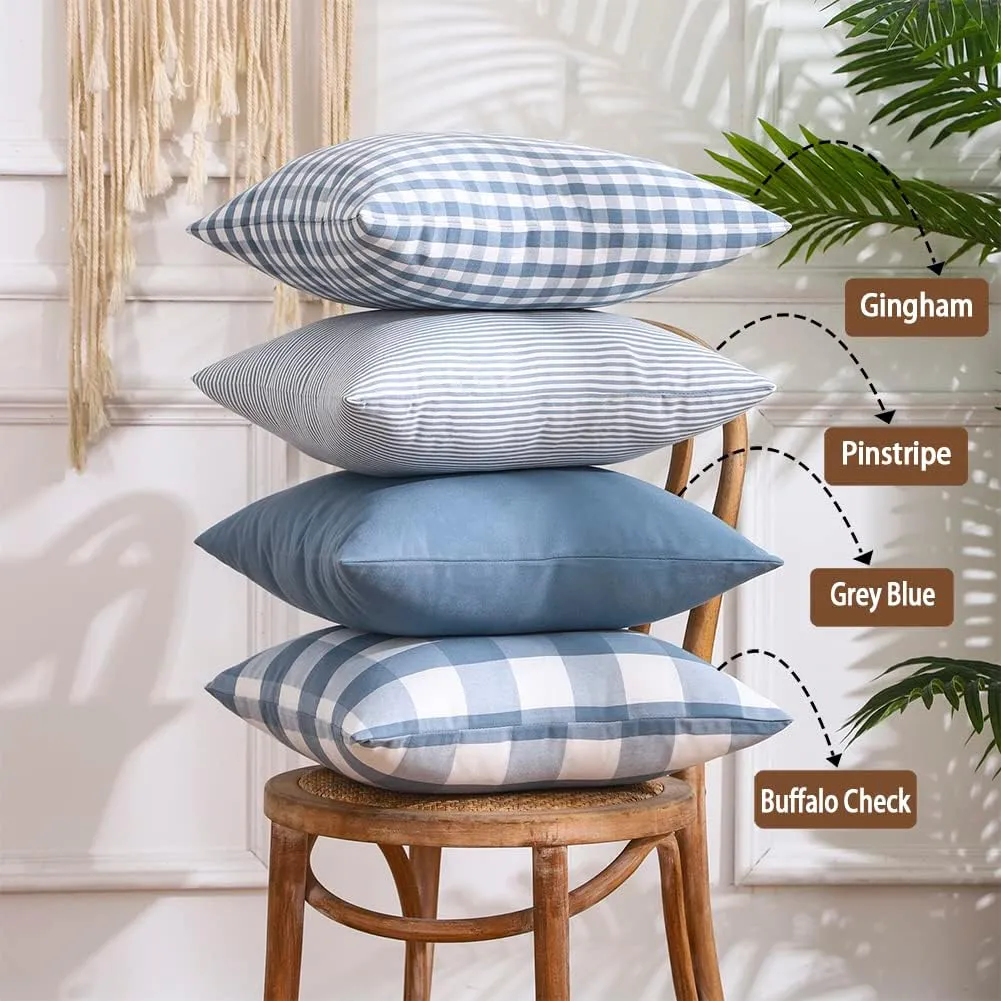 CARRIE HOME Blue Pillow Covers Farmhouse Plaid 20x20 Throw Pillows Set of 4, Light Blue Outdoor 20x20 Pillow Covers Set of 4, Home Decorative Pillow Neutral Decor for Porch Patio (No Pillow Inserts)