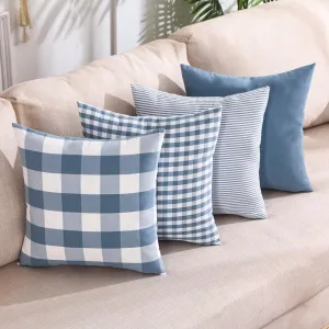CARRIE HOME Blue Pillow Covers Farmhouse Plaid 20x20 Throw Pillows Set of 4, Light Blue Outdoor 20x20 Pillow Covers Set of 4, Home Decorative Pillow Neutral Decor for Porch Patio (No Pillow Inserts)