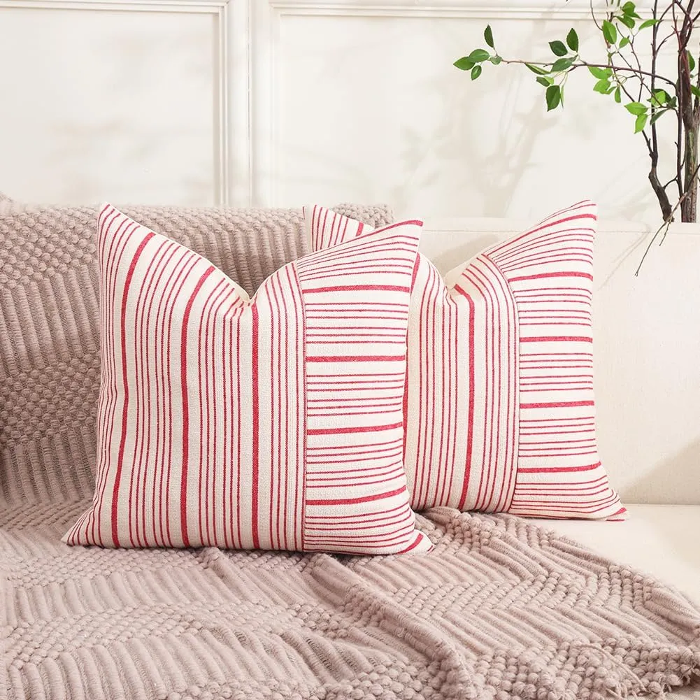 CARRIE HOME Red Farmhouse Christmas Plaid Pillow Covers 24x24 Set of 2 Christmas Red Striped Patchwork Outdoor Throw Pillows 24 x 24 Neutral Christmas Living Room Decor for Couch and Bed
