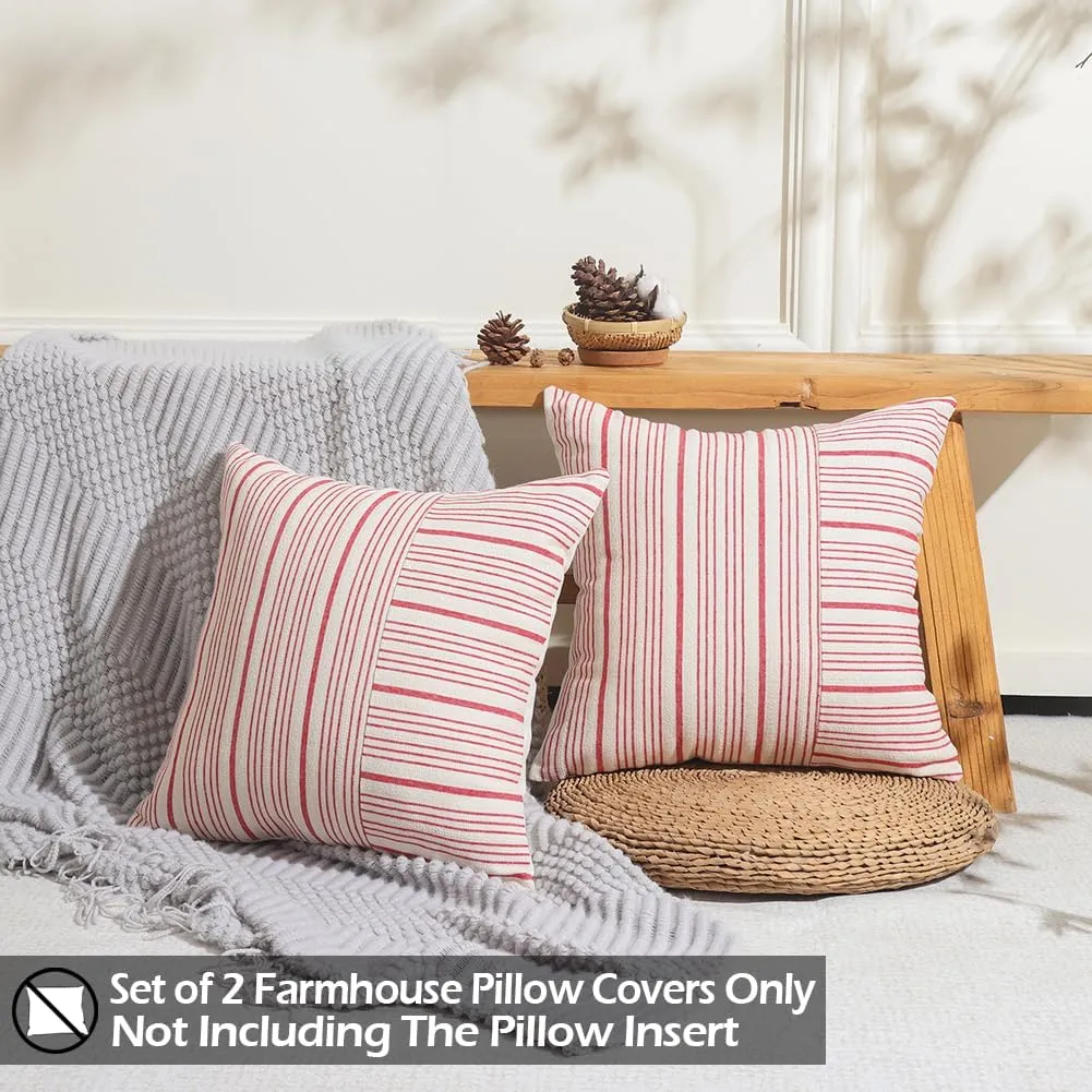 CARRIE HOME Red Farmhouse Christmas Plaid Pillow Covers 24x24 Set of 2 Christmas Red Striped Patchwork Outdoor Throw Pillows 24 x 24 Neutral Christmas Living Room Decor for Couch and Bed