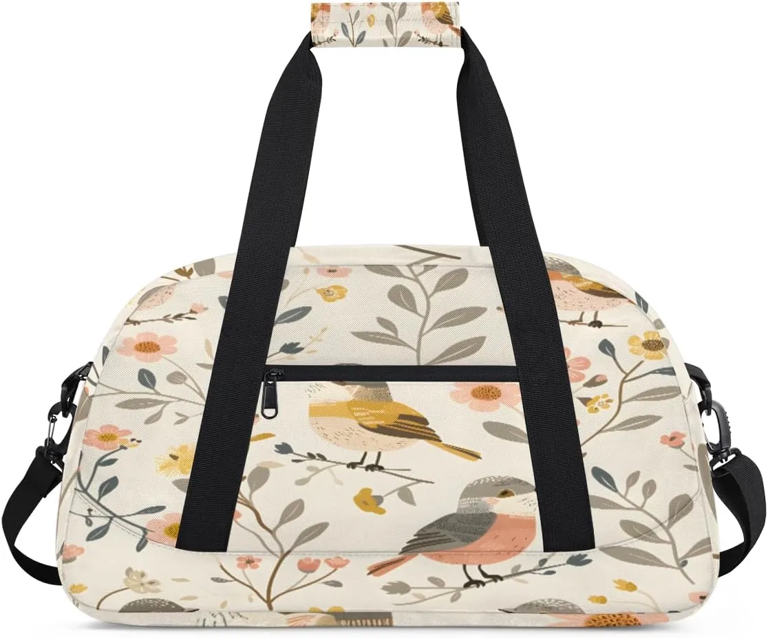 Cartoon Birds Gym Duffel Bag for Men Women Cartoon Floral Sports Tote Bag with Adjustable Shoulder Strap for Dance Gymnastics Traveling Outdoor Camping Overnight Stay