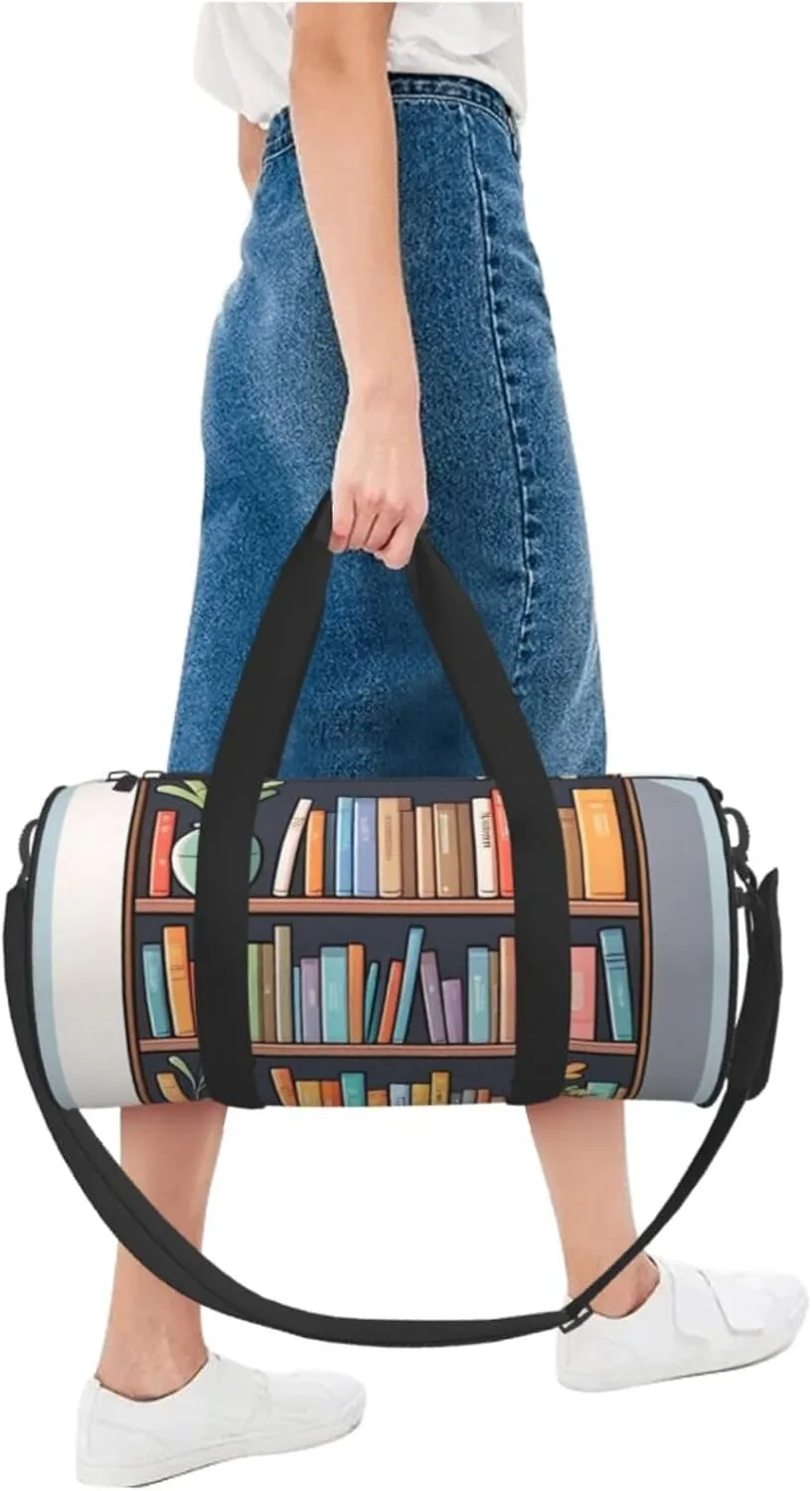 Cartoon Bookshelf Printed Travel Bag,Round Personal Item Storage bag,Foldie Duffel Bag for Traveling Vacation,Fitness,Sports