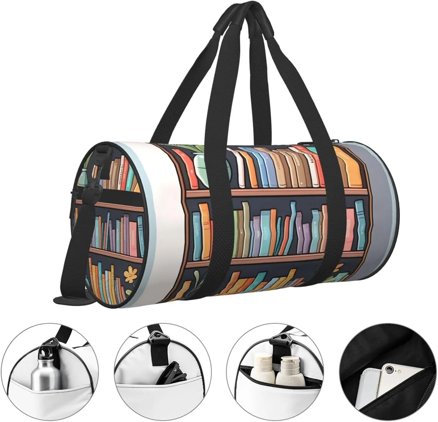 Cartoon Bookshelf Printed Travel Bag,Round Personal Item Storage bag,Foldie Duffel Bag for Traveling Vacation,Fitness,Sports