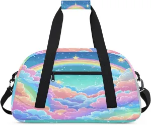 Cartoon Clouds Gym Duffel Bag for Men Women Rainbow Stars Sports Tote Bag with Adjustable Shoulder Strap for Dance Gymnastics Traveling Outdoor Camping Overnight Stay