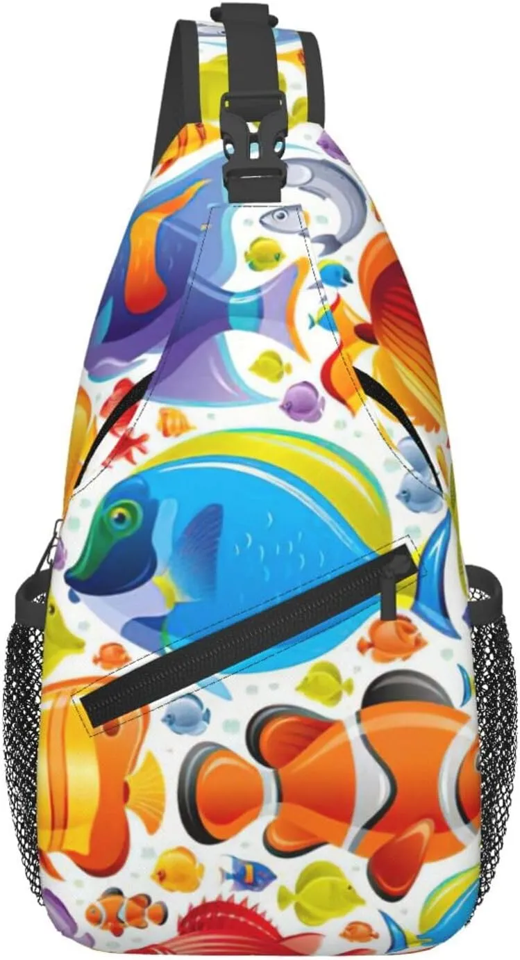 Cartoon Fish Print Sling Bag Crossbody Backpack For Women Men Hiking Travel Over The Shoulder Multipurpose Bag