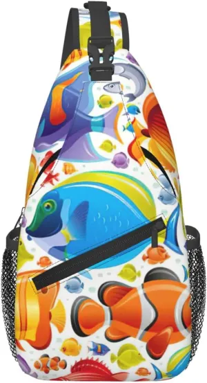 Cartoon Fish Print Sling Bag Crossbody Backpack For Women Men Hiking Travel Over The Shoulder Multipurpose Bag
