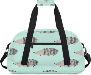 Cartoon Hedgehog Gym Duffel Bag for Men Women Green Dots Pattern Sports Tote Bag with Adjustable Shoulder Strap for Dance Gymnastics Traveling Outdoor Camping Overnight Stay