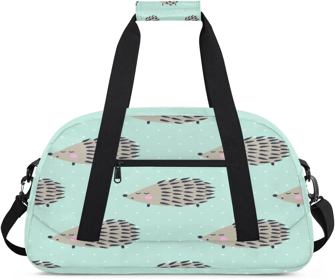 Cartoon Hedgehog Gym Duffel Bag for Men Women Green Dots Pattern Sports Tote Bag with Adjustable Shoulder Strap for Dance Gymnastics Traveling Outdoor Camping Overnight Stay
