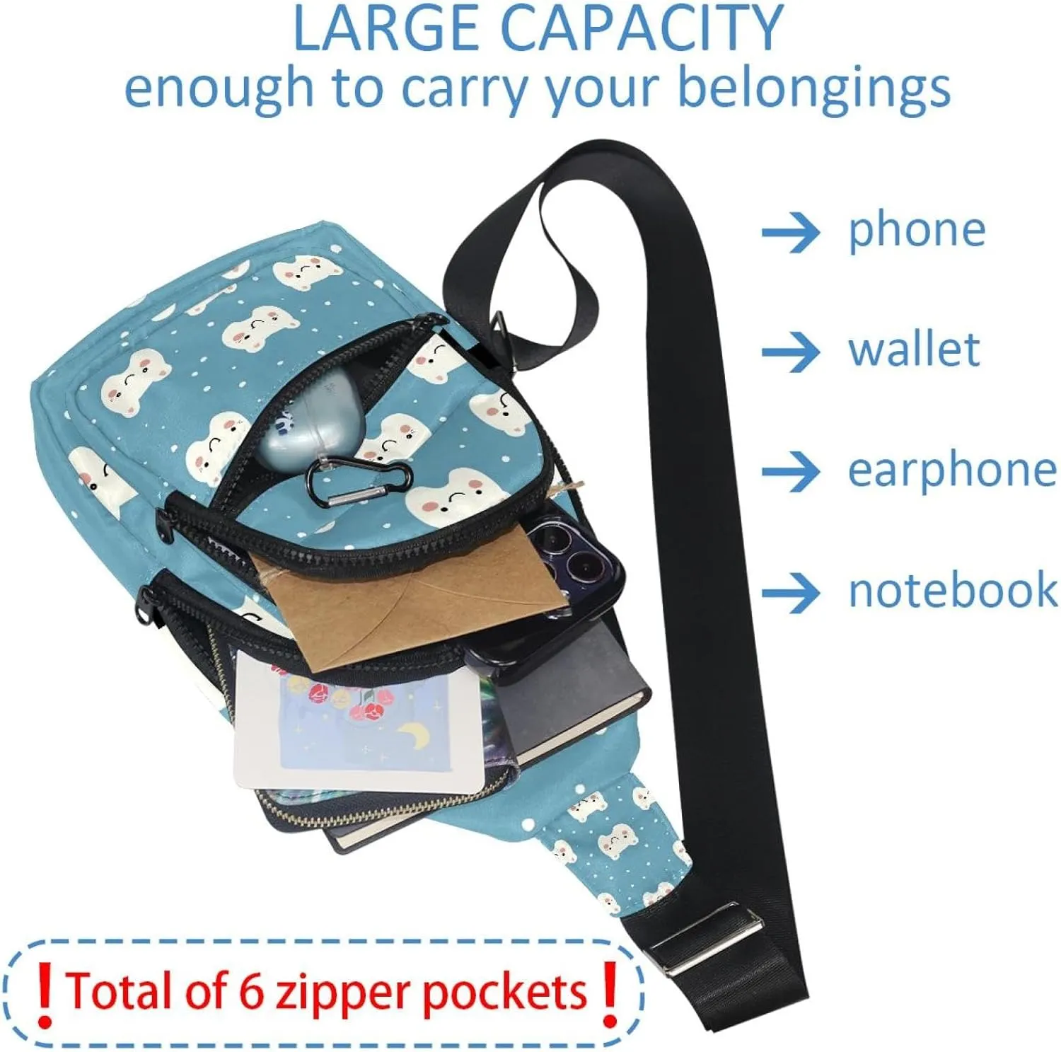 Cartoon Teeth (7) Crossbody Bag with Adjustable Shoulder Strap, Shoulder Bag for Men and Women Sling Backpack for Travel, Cycling, Work, Sport