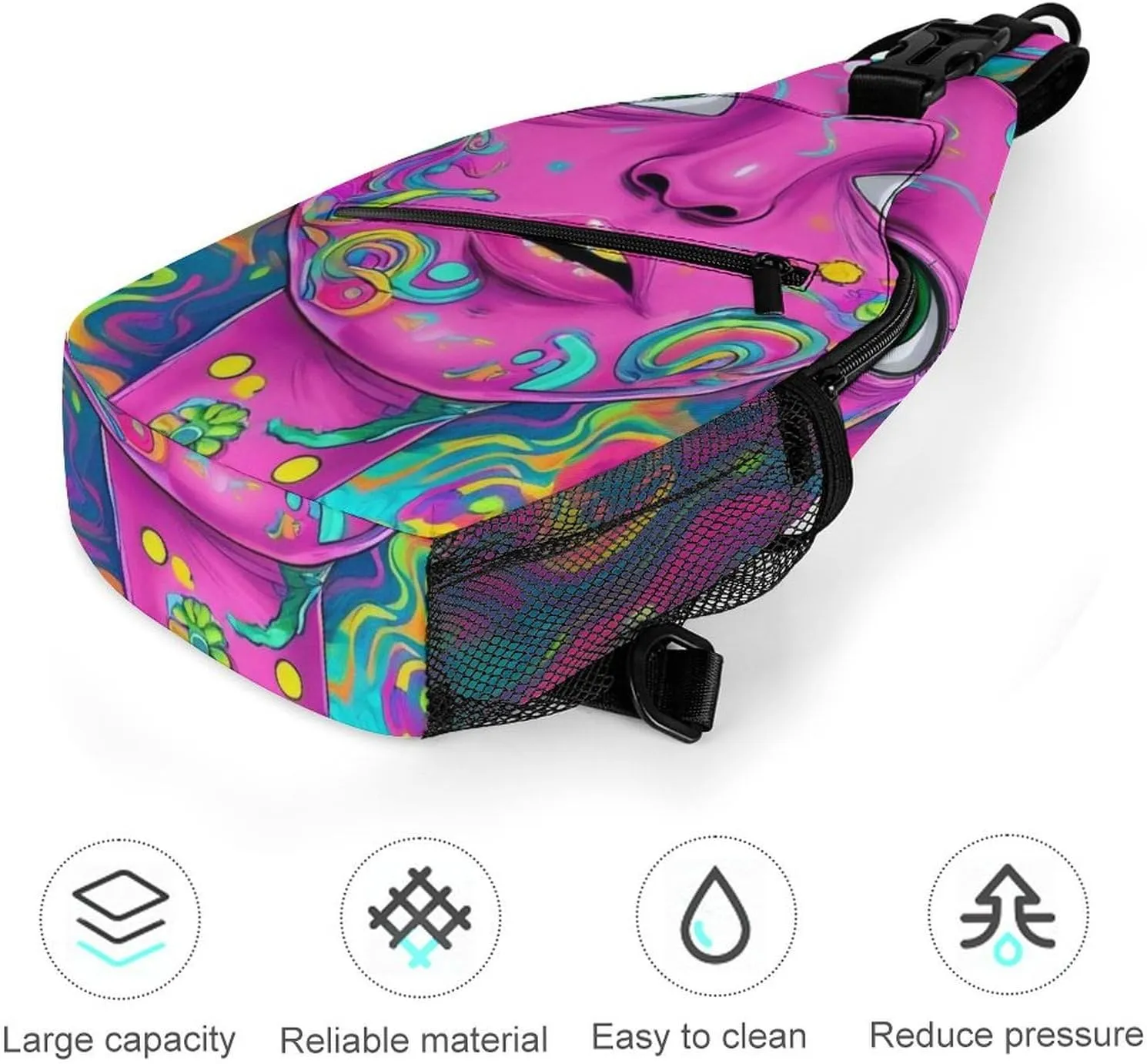 Casual Crossbody Bag for Women, Large Capacity Sling Chest Bag Trippy Face Colors Art Gym Shoulder Daypack for Hiking Travel Sport