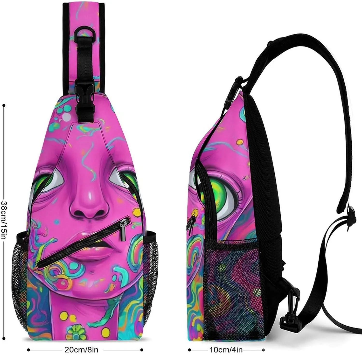 Casual Crossbody Bag for Women, Large Capacity Sling Chest Bag Trippy Face Colors Art Gym Shoulder Daypack for Hiking Travel Sport