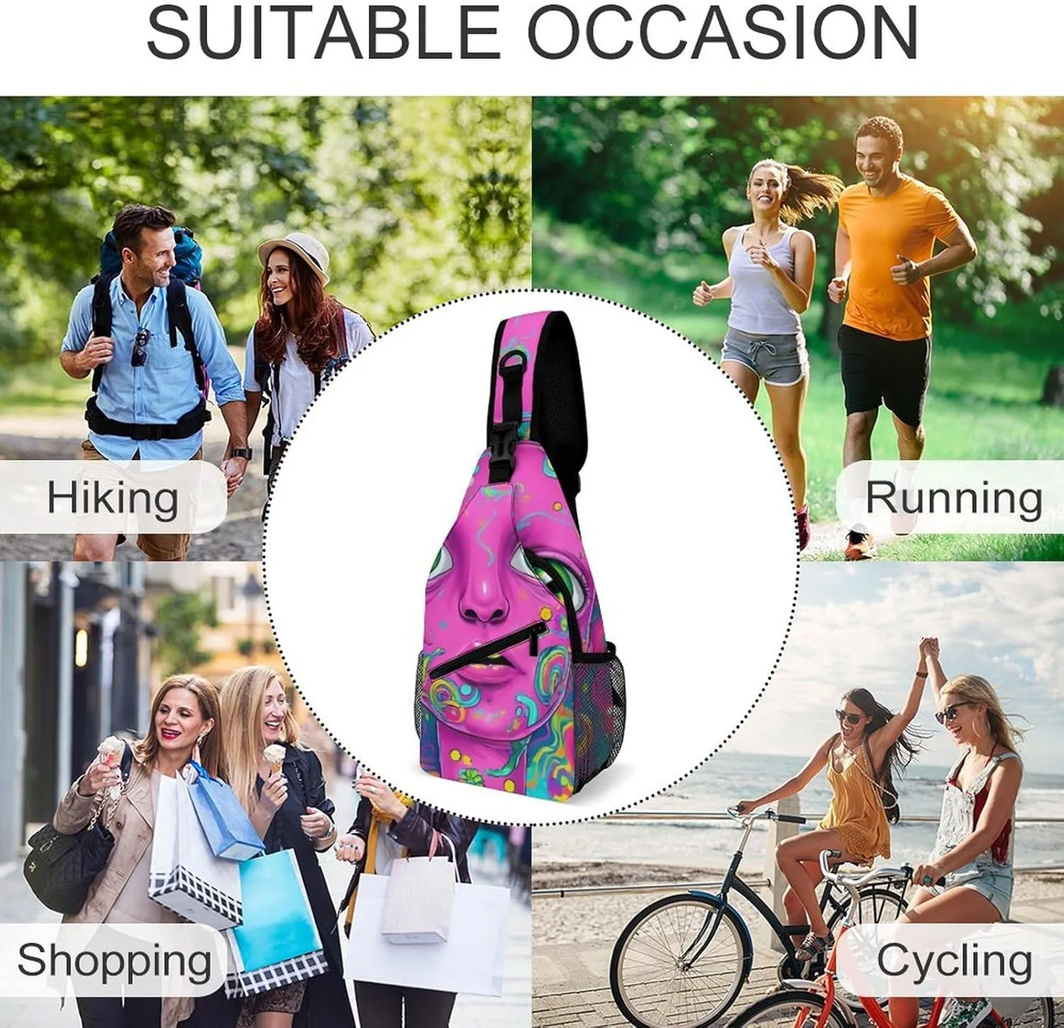 Casual Crossbody Bag for Women, Large Capacity Sling Chest Bag Trippy Face Colors Art Gym Shoulder Daypack for Hiking Travel Sport