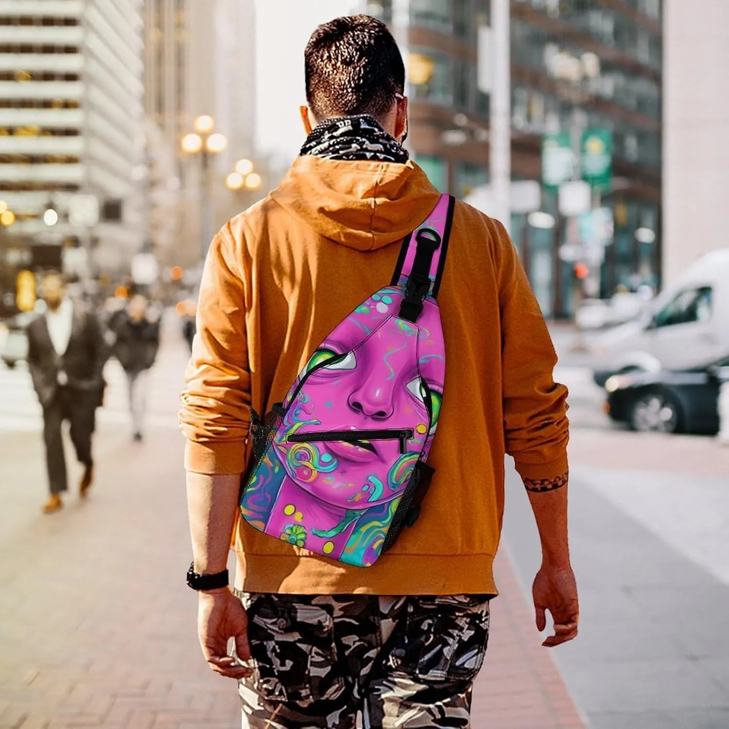 Casual Crossbody Bag for Women, Large Capacity Sling Chest Bag Trippy Face Colors Art Gym Shoulder Daypack for Hiking Travel Sport