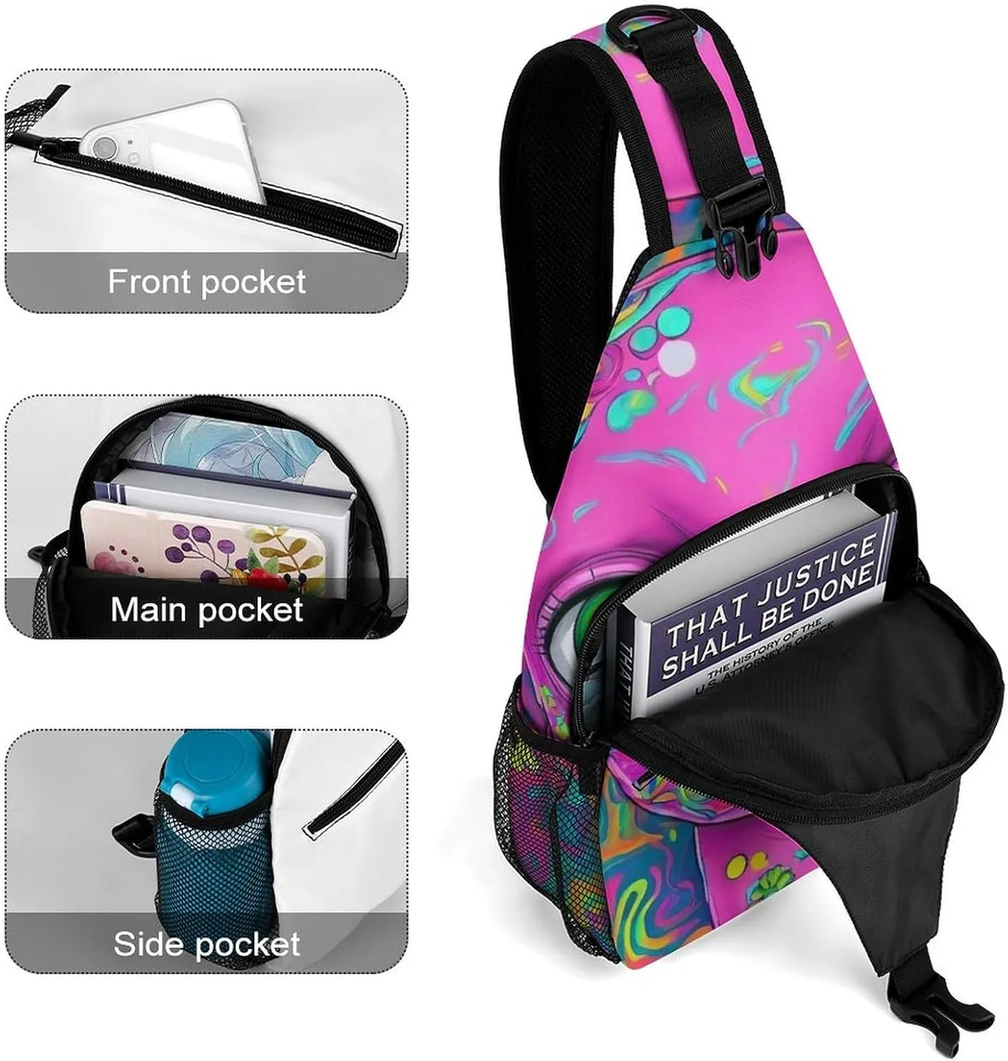 Casual Crossbody Bag for Women, Large Capacity Sling Chest Bag Trippy Face Colors Art Gym Shoulder Daypack for Hiking Travel Sport